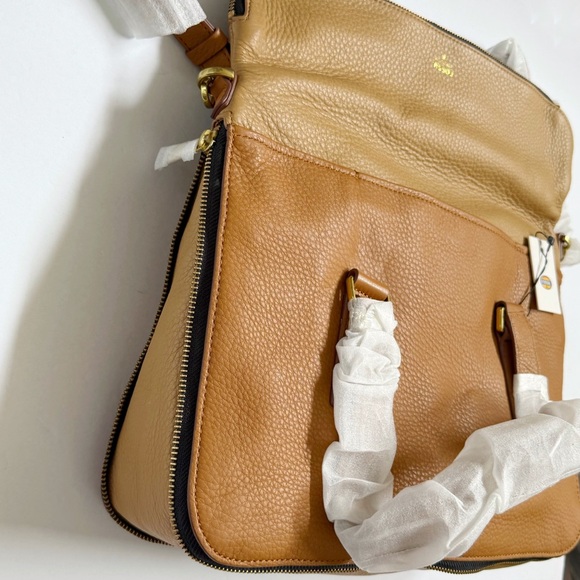 FOSSIL CAMEL TAN BROWN 2 TONE LEATHER ZIPPER CLOSE PRESTON SATCHEL TOTE BAG - Picture 8 of 13